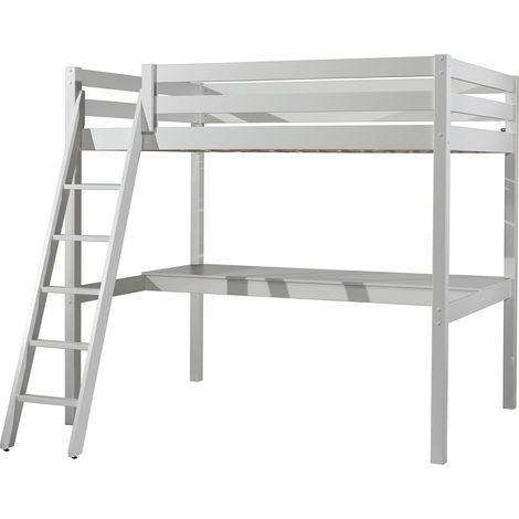Cama Alta 140x200 con Somier y Escritorio Vipack Pino - Blanco