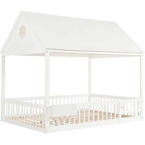 Lit enfant 140x200 cm blanc avec toit, fenêtres décoratives et rangement HOMVRA (1/5)
