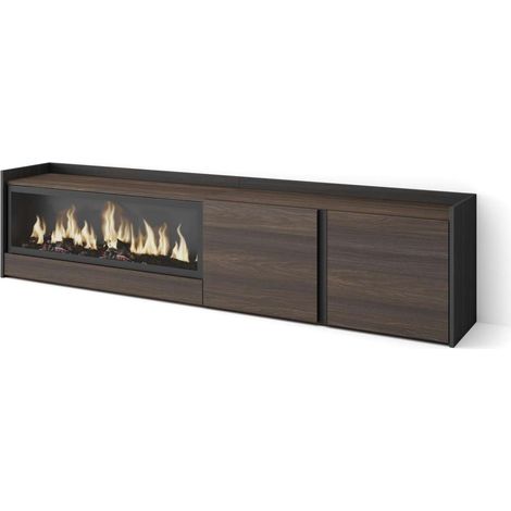 Mueble TV Maro-01 de 212x50x35 cm con chimenea eléctrica XXL, color roble oscuro y negro (1/4)