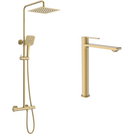 Ensemble mitigeur lavabo réhaussé + Colonne de douche Couleur Or brossé (1/4)