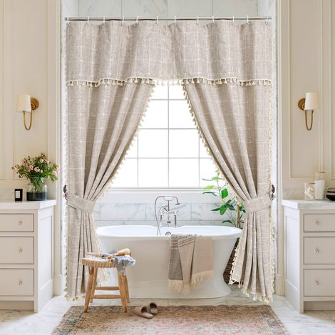 Rideau de Douche bohème en Coton et Lin avec cantonnière élégante et 2 embrasses pour décoration de Salle de Bain Vintage de Style Rustique Marron Clair 183 x 183 cm (1/5)