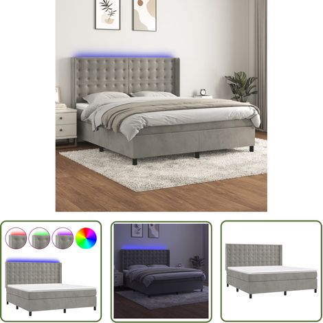 The Living Store Sommier à lattes de lit matelas et LED Gris clair 160x200 cm - Lit Plateforme - Lit Capitonné - Lit Design - Lit Velours - Lit Avec Éclairage Led (1/5)