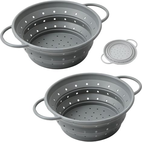 Lot de 2 passoires pliables en silicone grises de 28 cm, résistantes à la chaleur, sans BPA, peu encombrantes, pour légumes, fruits, pâtes, cuisine et camping - 2 tamis pliables en silicone gris de 28 (1/5)
