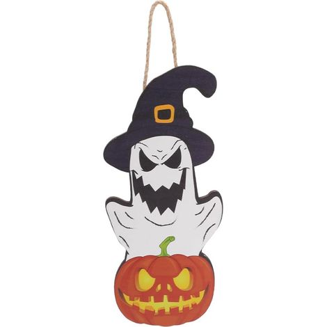 Letrero de madera para Halloween con diseño de calabaza y fantasma, placa de madera impresa, tablero rústico, arte de pared, adornos colgantes, decoraciones para la entrada, inauguración de la casa, 3 (1/5)
