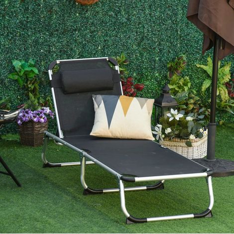 Tumbona de exterior de aluminio negra plegable con cojín desmontable y respaldo ajustable, 165x60x76 cm (1/5)