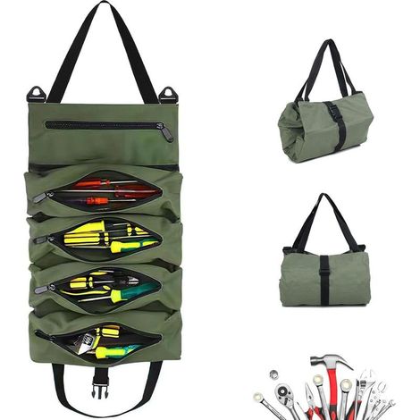 Roll Up Tool Bags, Tool Roll with 5 Zipper Pockets, Rolling Tool Bag, Wheeled Tool Bag, Canvas Tool Bag, Tool Bags for Plumbers and Electricians (Green) (1/5)