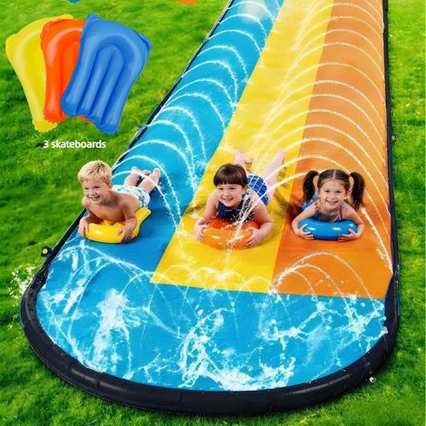 Toboggan Aquatique 3 Pistes 488 x 208 cm, Glissade d’Eau Enfant avec 3 Planches, Jeu Extérieur Jardin Été (1/5)