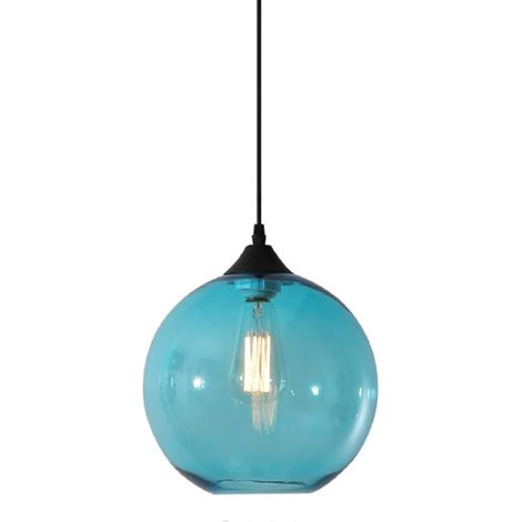Lustre à boule de verre minimaliste, style industriel rétro, E27, loft bar, 1 lampe, 25 cm de diamètre (bleu), lumière blanche. (1/5)