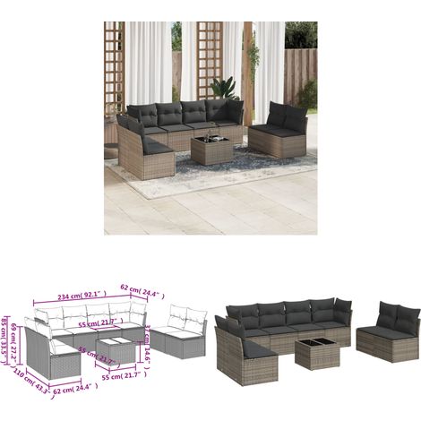 9-tlg. Garten-Sofagarnitur mit Kissen Grau Poly Rattan - Gartenmöbel - Outdoor Möbel - Rattan Sofa Set - Lounge Set - Esstisch - Home & Living (1/3)