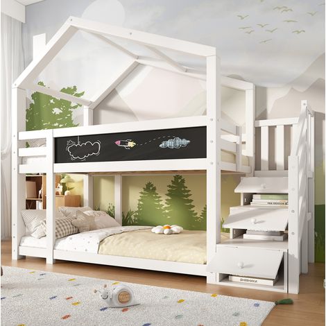Letto a castello a casetta 256x97x223 cm bianco in legno massello e MDF con scala contenitore (1/5)