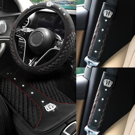 Ensemble d’accessoires d’intérieur de voiture en simili cuir avec couronne bling de 6 pièces Kit de housse de volant anti-dérapant pour véhicules standard de 37-38 cm (1/5)