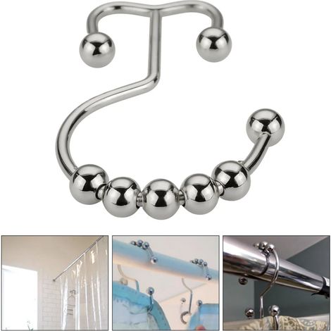 12pcs / set Crochets De Rideau En Acier Inoxydable Rideau De Bain Rollerball Rideau De Douche Anneau Crochet Double Glide Rod Anneau Salle De Bains Fournitures 12PCS