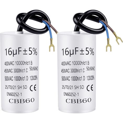 Lot de 2 condensateurs CBB60 16 µF 450 V 50/60 Hz avec câble de raccordement de 20 cm et cosses de câble Condensateur de démarrage 16 µF 74 x 37 mm (1/5)