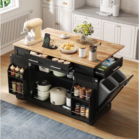 Îlot de cuisine 138x86x92 cm avec plateau rabattable, prise UE, USB-C et roulettes silencieuses, bois - noir