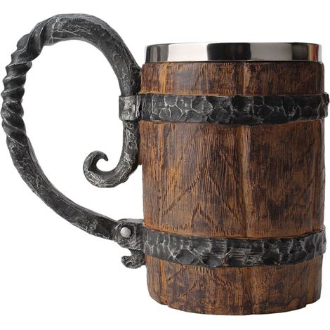 Chope à bière artisanale Kndatle en forme de tonneau de bois, avec anse, et double paroi en acier inoxydable. (1/5)
