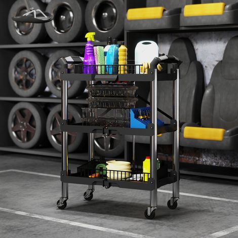 Carrello portautensili, pieghevole a 3 ripiani, in plastica e acciaio, nero. (1/5)