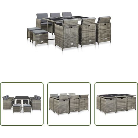 vidaXL Rotin synthétique - Ensemble à manger d’extérieur 11pcs et coussins poly rotin Gris (1/5)