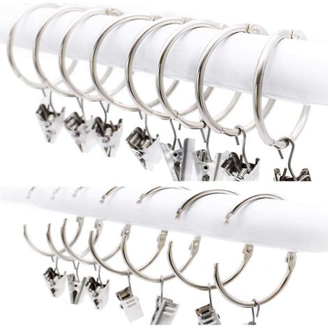 RHG 25 Pièces Anneaux de Rideaux avec Pinces, Métal Décoratifs de Rideau de Fenêtre de Rideaux d'agrafes avec Le Clip Fort, Antirouille, Facile Ouvert et étroit, Diamètre Intérieur de 50mm, Argent