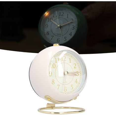 Sveglia silenziosa, senza ticchettio, in metallo verniciato, a risparmio energetico, con protezione per gli occhi, a batteria, piccola con luce notturna, colore beige oro. (1/5)