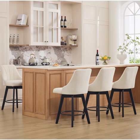 Tabourets de bar pivotants avec dossier en chenille et repose-pieds beige 2 pièces OKWISH (1/5)