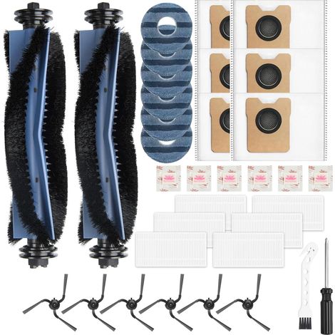 34 Stück Zubehörset für Eufy Omni C10 Roboter Staubsauger Zubehör, 2Hauptbürste,6Staubbeutel 6Wischtücher,6Seitenbürsten,6Filter,6Vanillechip, Ersatzteile Saugroboter Zubehör (1/5)