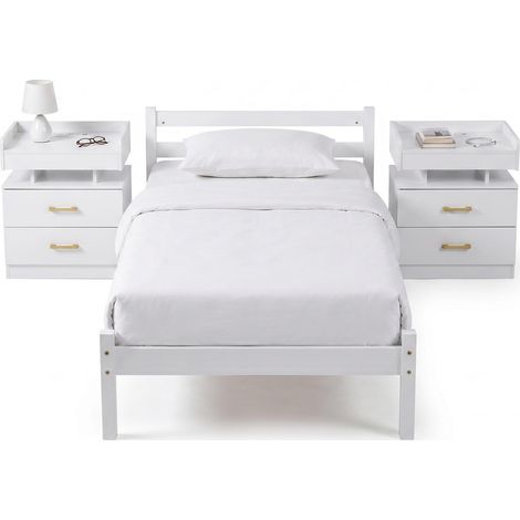 FurnitureR Schlafzimmer Set Einzelbett Holz 90×190 cm Bettgestell mit Lattenrost und 2 Nachttischen USB Steckdose LED Beleuchtung Stauraum modernes Möbel Weiß