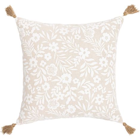 Coussin polycoton imprimé floral à pompons Naturel 45x45 cm (1/4)