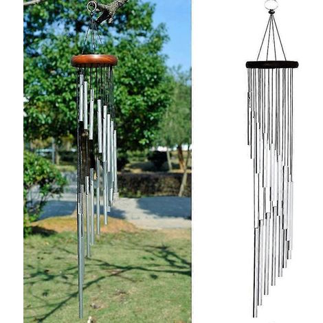 Windspiel für den Außenbereich, 90 cm großes Gedenk-Windspiel mit Haken, Holzdesign-Silver