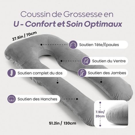 Cuscino per la gravidanza per dormire, cuscino a forma di U per tutto il corpo, supporto per schiena, fianchi e gambe per donne incinte, con fodera in velluto lavabile (grigio) (1/4)