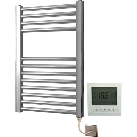 York Flat Chrome Electric Towel Rail 400 x 600mm Towel Radiator + TIMER / ROOM THERMOSTAT