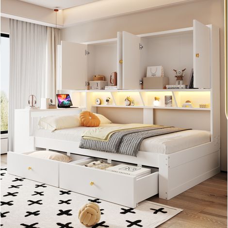 Cama multifuncional (235x95x160 cm), con escritorio integrado, varios armarios, cajones, MDF blanco (1/5)