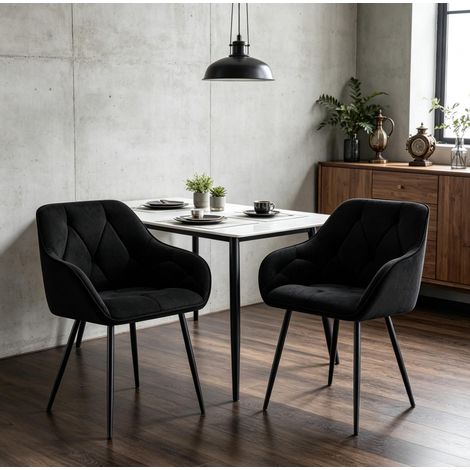 Set di 2 sedie da pranzo imbottite, schienale ergonomico, braccioli curvi, velluto nero e metallo (1/5)