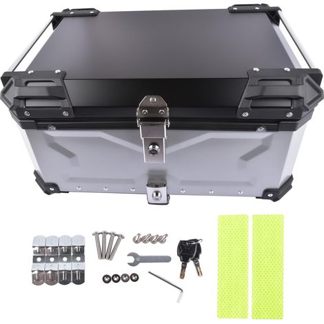 Argent 65L Top Case pour Moto, Aluminium Étanche Coffre à Bagages Universel avec Serrure de sécurité pour Le Rangement du Casque (1/5)