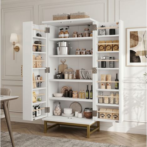 MEUBLIV Aparador alto 120x40x191 cm blanco con puertas de cristal, enchufes y USB (1/5)