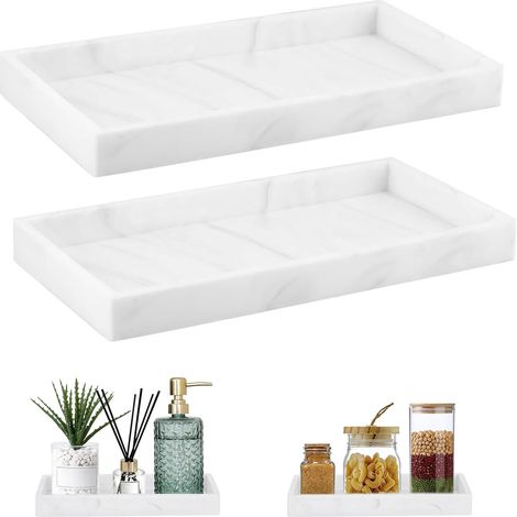 Plateau Salle de Bain, 2 Pièces Plateau Decoratif, Marbre Blanc Silicone Plateaus Antidérapant Plateaus de Rangement Salle de Bain pour Salon, Chambre, Lavabo, Baignoire (1/5)