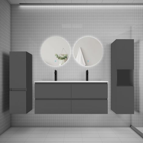 Ensemble meuble anthracite et lavabo L.120cm 4 tiroirs + colonne2 haut + lavabo + miroir 60x60cm2-suspendu