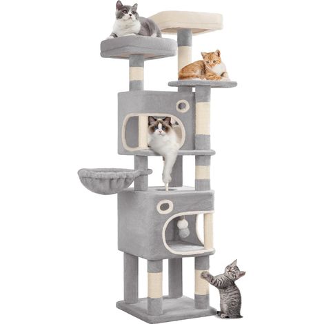 Arbre à chat 159 cm avec 3 plateformes et 2 grottes – 8 griffoirs en sisal – cadre en bois certifié FSC – pour chats jusqu'à 6 kg (1/5)