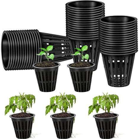 50 pcs Paniers Hydroponiques Plastique Pot,Réutilisable Panier Hydroponie,pour Hydroponique Fournitures Jardinage (Noir)