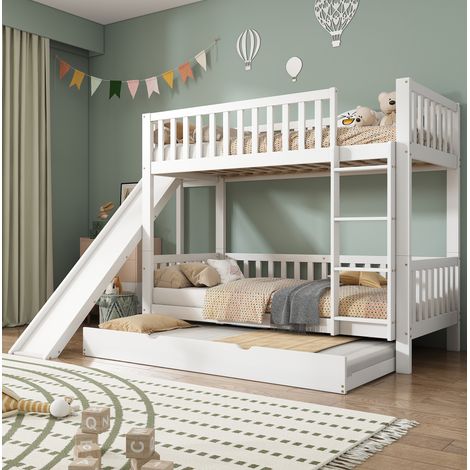Letto a castello per bambini 90x200/90x190 con letto estraibile, scivolo, bianco DESVIAE (1/5)