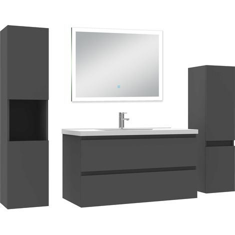 Acezanble Ensemble meuble Salle de Bain 100cm simple vasque avec colonne et miroir lumineux dimmable anthracite (1/5)