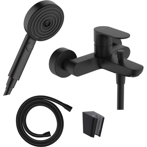 Pack mitigeur bain douche mécanique HANSGROHE Rebris S + pommeau Pulsify Select 3jets + flexible Isiflex 160cm + support noir mat (1/5)