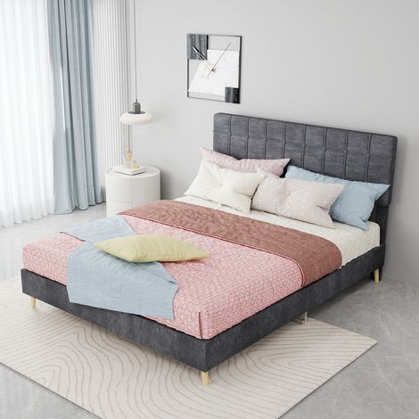 lit adulte double 140x200 velours gris chambre OKMYHOME (1/5)