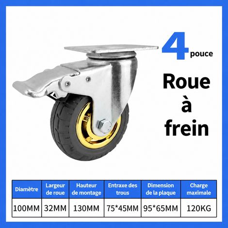 Roulette pivotante 4 pouces 100 mm avec frein en caoutchouc et acier platine pour chariot doré 4 32 730 10 × 3,2 × 13 cm 720 g – Livraison gratuite
