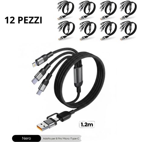 12x Cavo Ricarica Veloce Multiplo 5 In 1 Usb C 8 Pin Micro Usb Nylon 1.2m