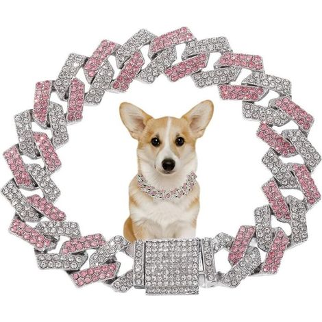 Collier pour chien rose, collier en chaîne pour chien en strass, collier en chaîne cubaine pour chien, collier pour chiot à paillettes, 8 pouces (1/4)