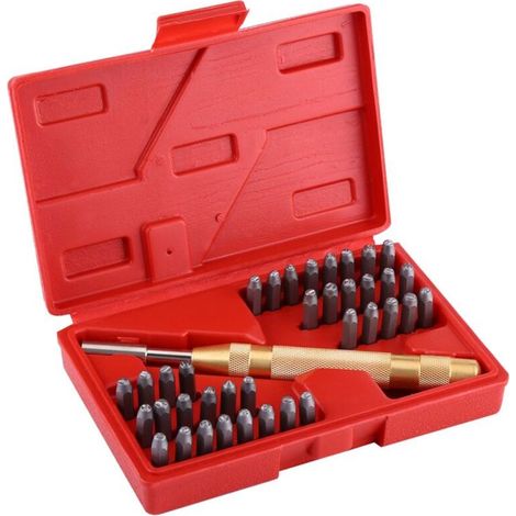 Kit de 38 poinçons automatiques pour marquage de lettres et de chiffres en métal, idéal pour le plastique et le cuir. (1/4)