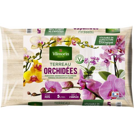 Vilmorin – Terreau spécialisé orchidées 5L – Écorce compostée, tourbe blonde, fibres de coco – pH 6,0, drainant et aéré