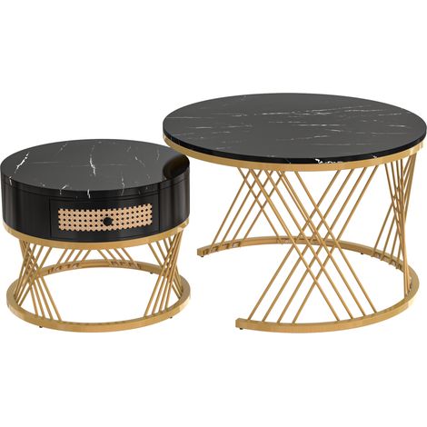 Set di 2 tavolini rotondi in MDF nero e oro con cassetto (1/5)