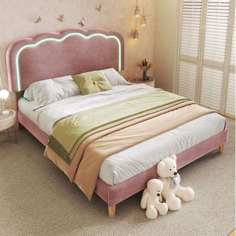 LED-Polsterbett 140 x 200 cm Rosa mit verstellbarem Kopfteil und Lattenrost (1/5)