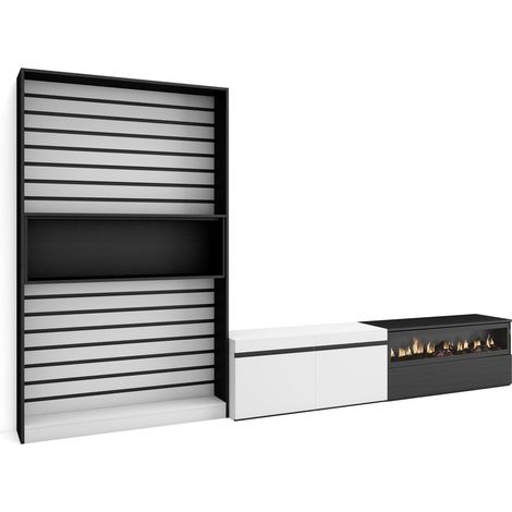 Skraut Home - Muebles de Salón para TV, Conjunto de muebles comedor, 310x186x35cm, Para TV hasta 80", Chimenea eléctrica, Estilo Moderno, Blanco y negro (1/5)
